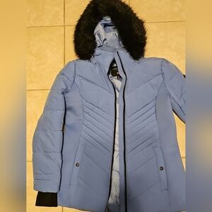 Women's Blue Puffer Jacket with Faux Fur Hood